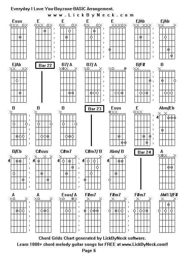 Chord Grids Chart of chord melody fingerstyle guitar song-Everyday I Love You-Boyzone-BASIC Arrangement,generated by LickByNeck software.